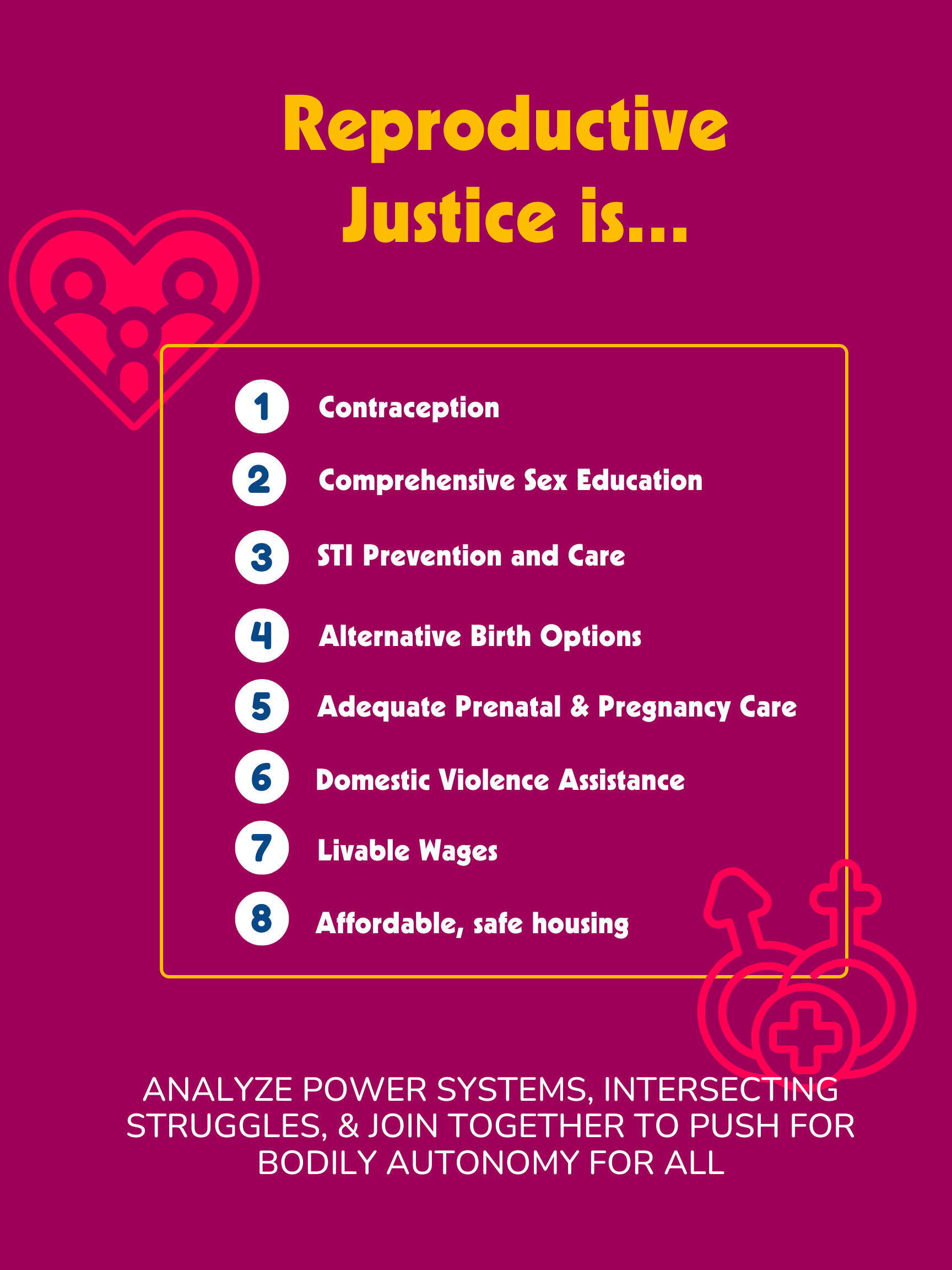 A graphic describing a more comprehensive definition of reproductive justice,
                    not limited to contraception and alternative birth options, but also livable wages
                    and affordable and safe housing.